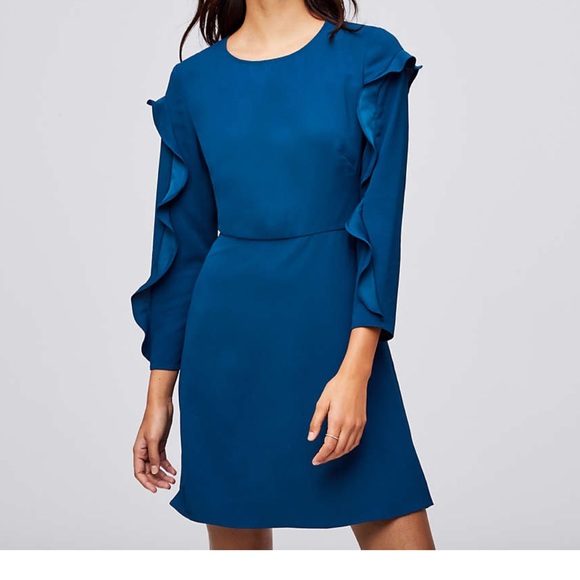 LOFT Dresses & Skirts - LOFT PETITE RUFFLE SLEEVE DRESS NWT 8P Dark teal